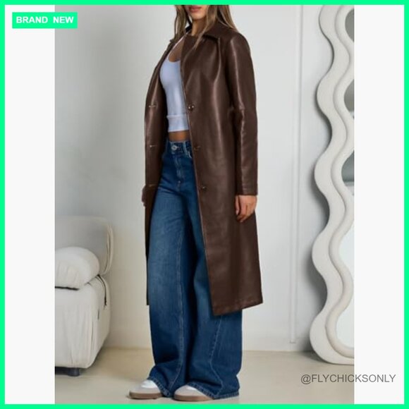 Faux Leather Long Trench Coat with Belt, Open Front, Knee Length - Picture 3 of 6